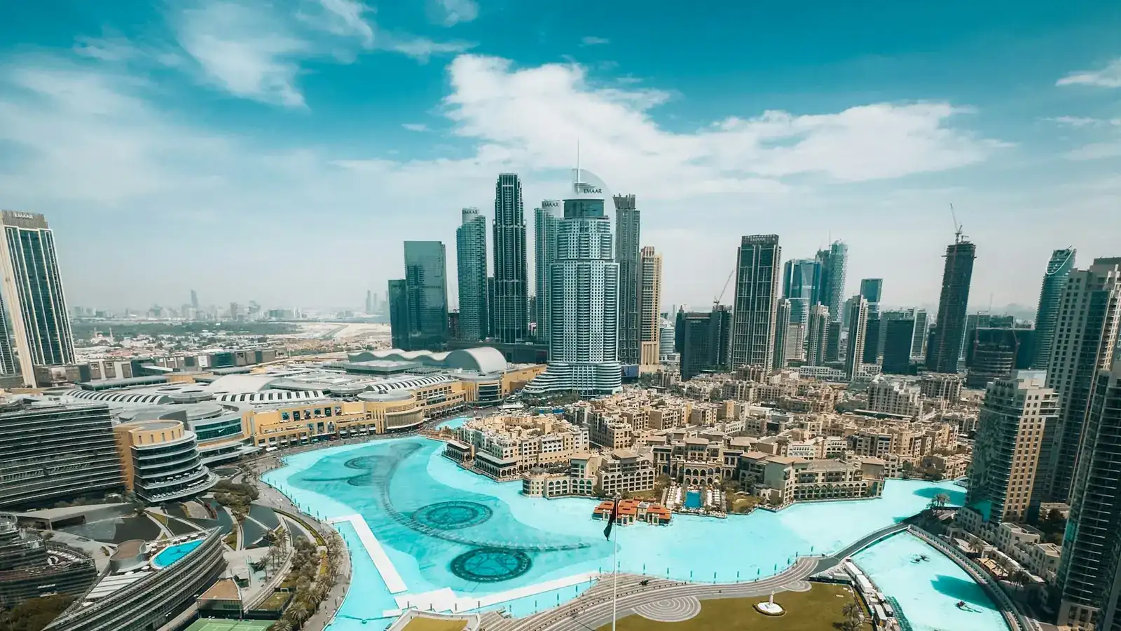Downtown Dubai skyline around the Dubai Fountain lake