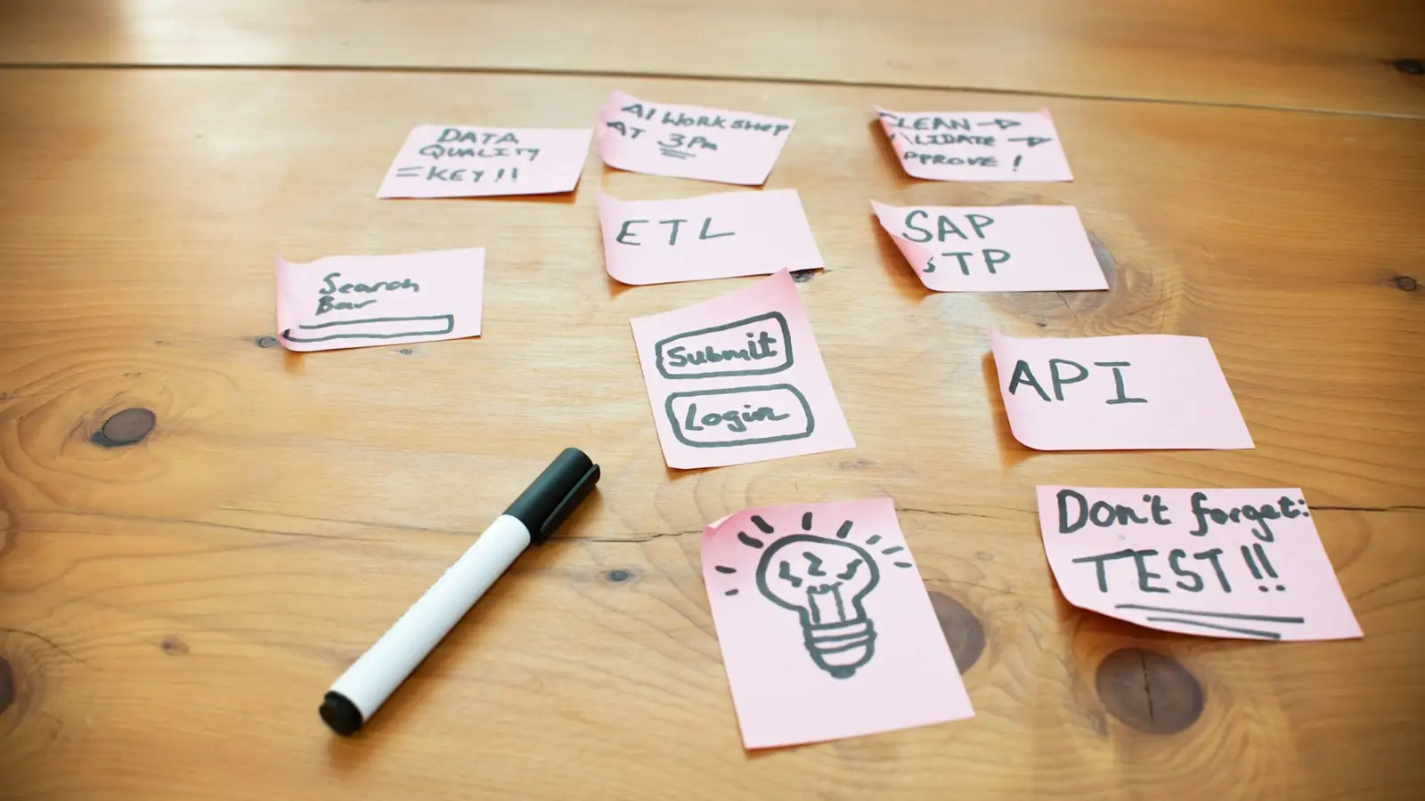 Planning notes for a website build on a desk